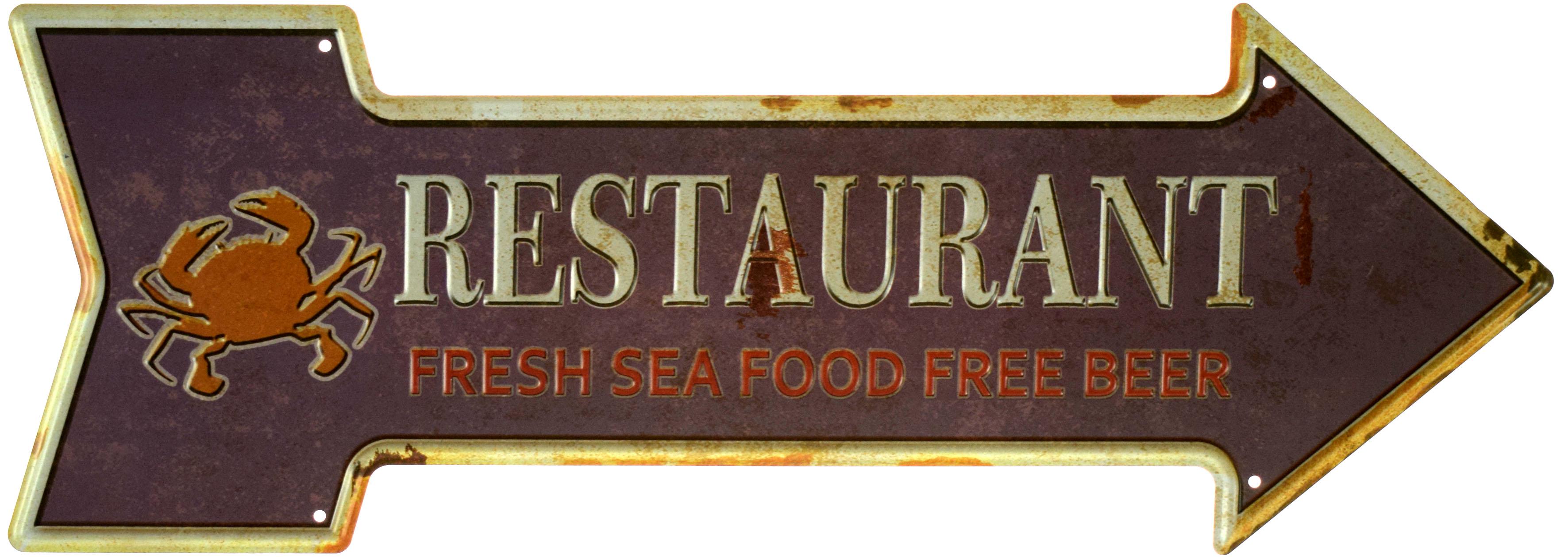 Табличка металлическая Ресторан Свежие Морепродукты Бесплатное Пиво/Restaurant Fresh Sea Food Free Beer 16x45 см