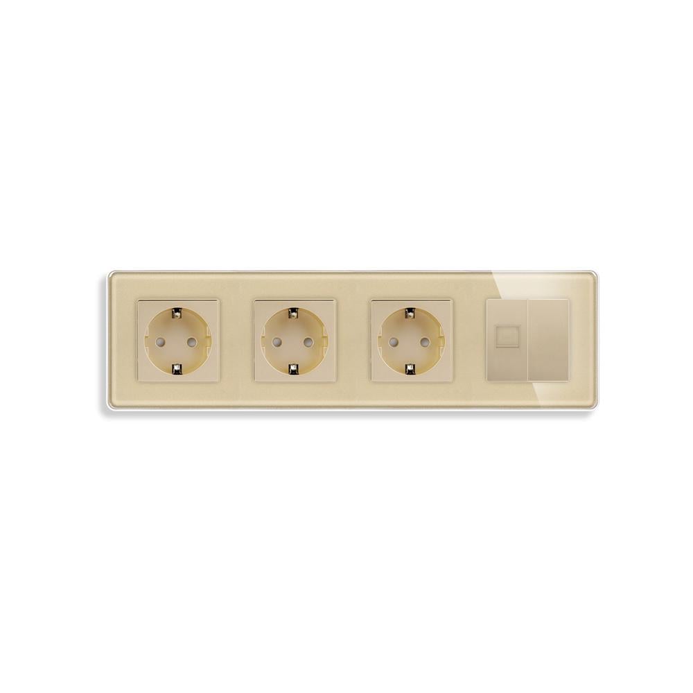 Розетка четырехместная ELIOS силовая/интернет RJ-45 настенная стеклянная рамка Золотой (TW-M4FCAT6BLK-GD)