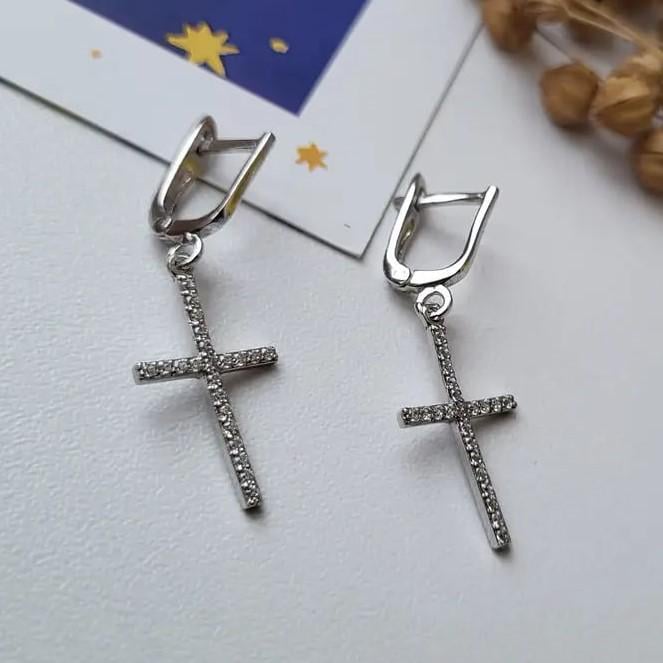 Серьги из серебра Кресты в белых камнях с подвеской 3,00 г