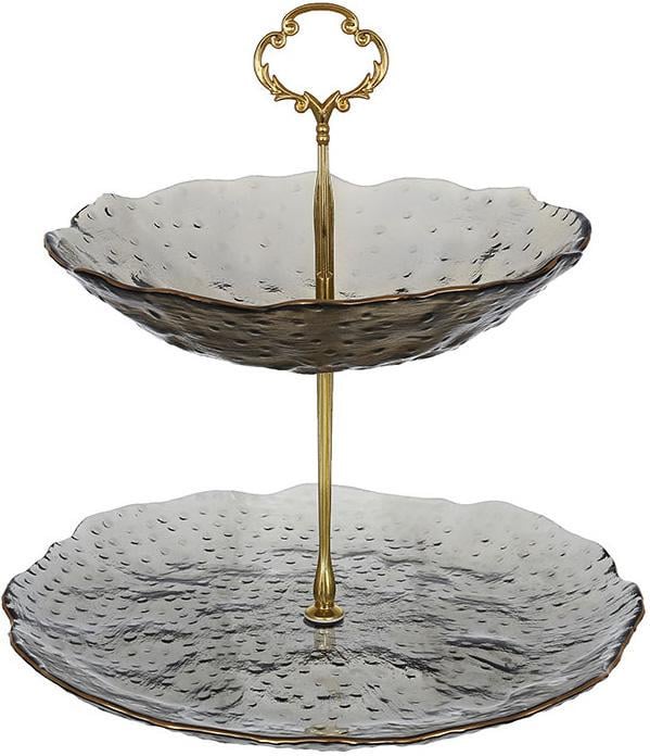 Фруктовница фуршетная стойка Fleur 2-х ярусная Ø20 см/Ø26 см Дымчато-серый с золотым ободком