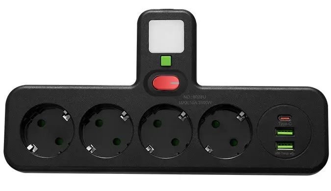 Фильтр сетевой в розетку 10A 2500W LED 4-220V 2-USB 1-Type-C 8028UL (35717742)