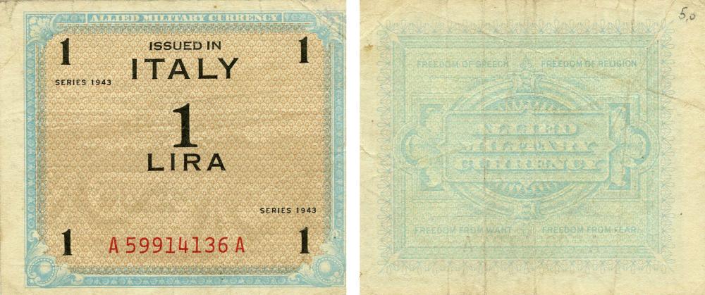 Коллекционная банкнота Ирландия Италия 1 лира 1943 G-VG (Б19041)