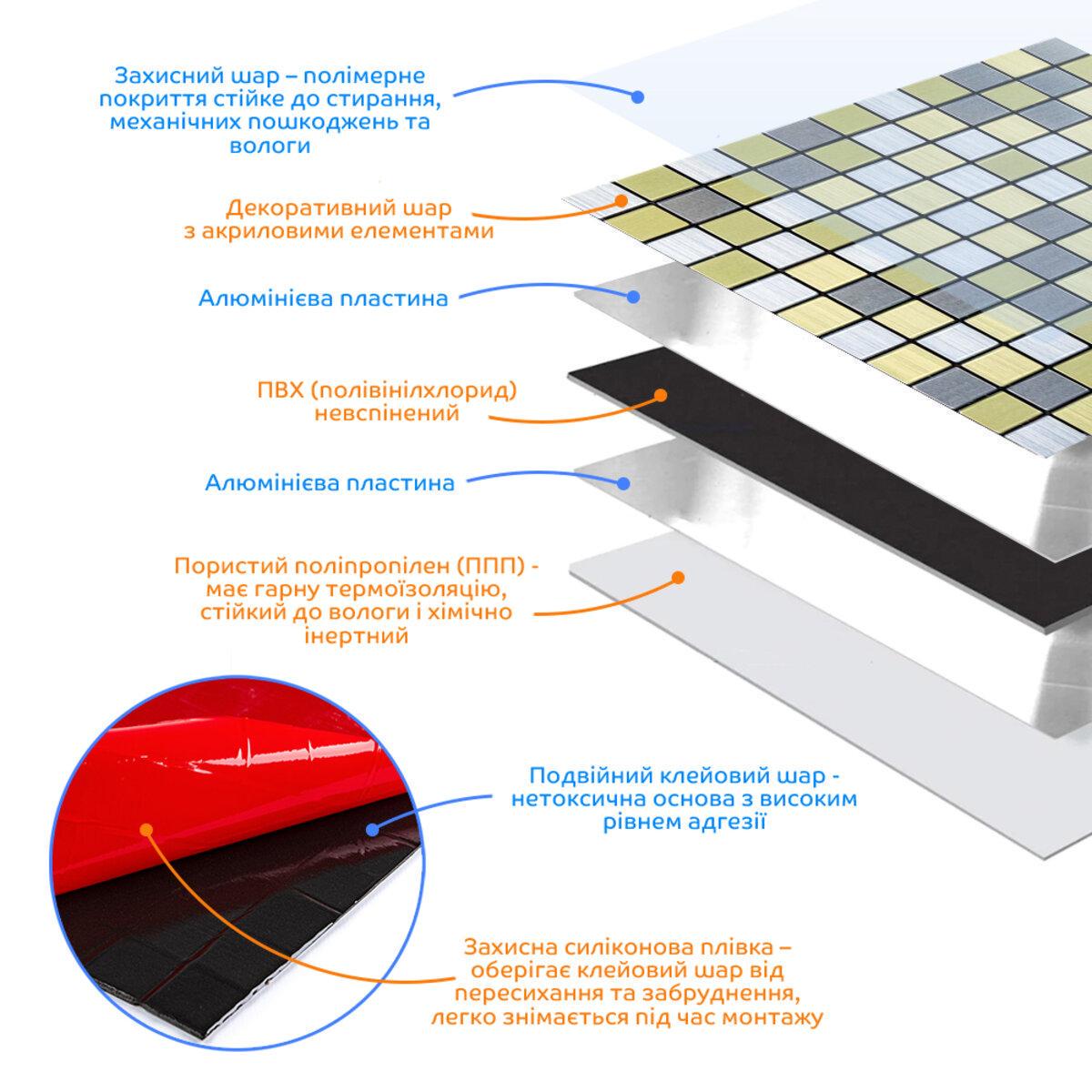 Плитка алюмінієва самоклеюча 300х300х3 мм Срібний із золотом шахівниця (SW-00001827) - фото 2