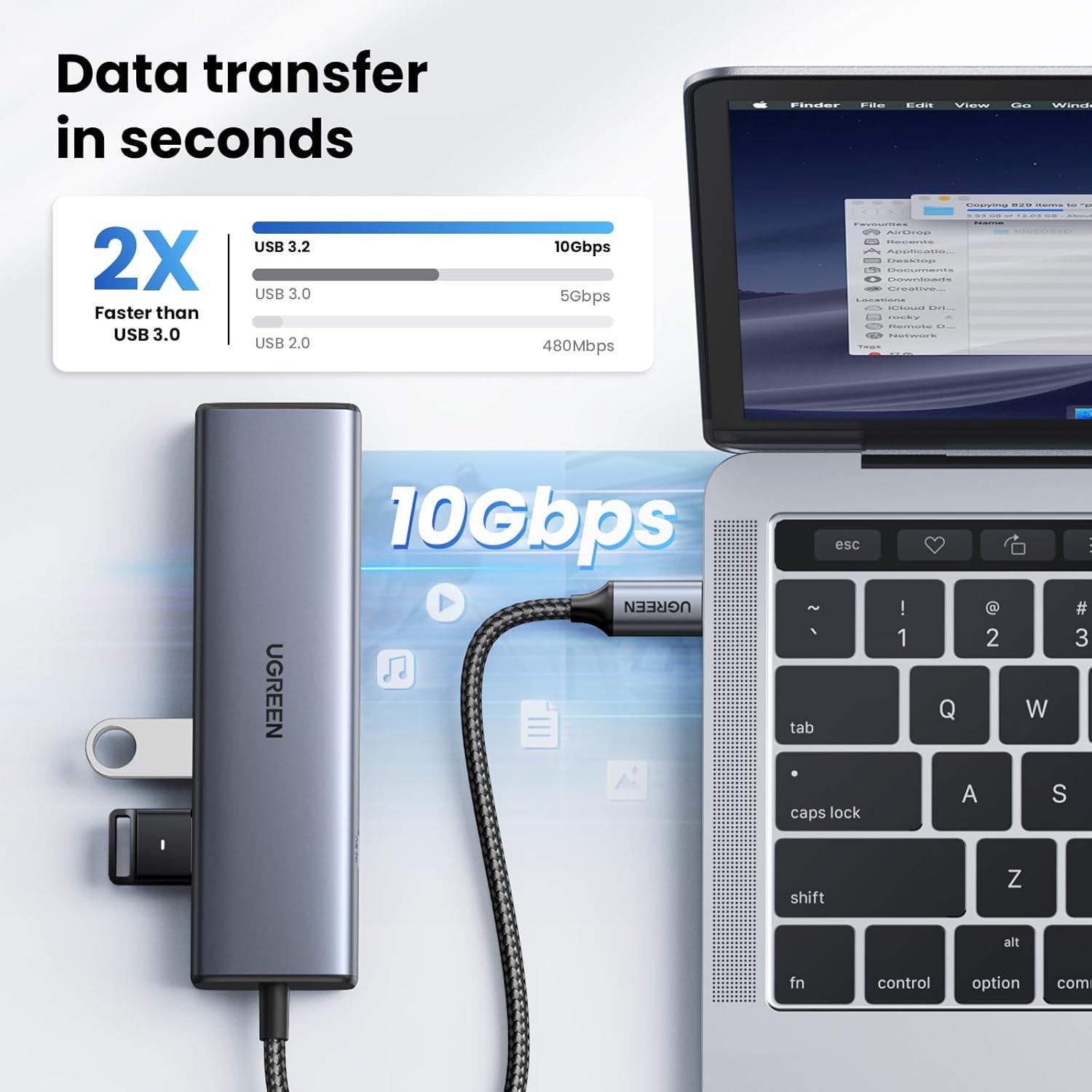Концентратор UGREEN USB-C 3 порти USB 3.2 10 Гбіт/с 1 порт USB 2.0 Ethernet RJ45 1 Гбіт/с Сірий (45320) - фото 5 Концентратор UGREEN USB-C 3 порти USB 3.2 10 Гбіт/с 1 порт USB 2.0 Ethernet RJ45 1 Гбіт/с Сірий (45320) - фото 5