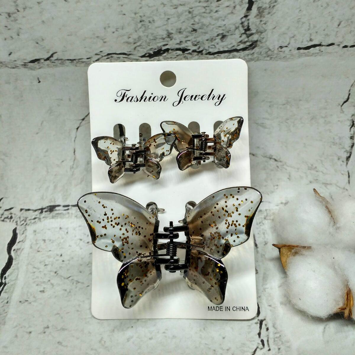 Крабик для волос Бабочки в блестках прозрачные заколка зажим набор из 3 шт. Черный (8427-6)