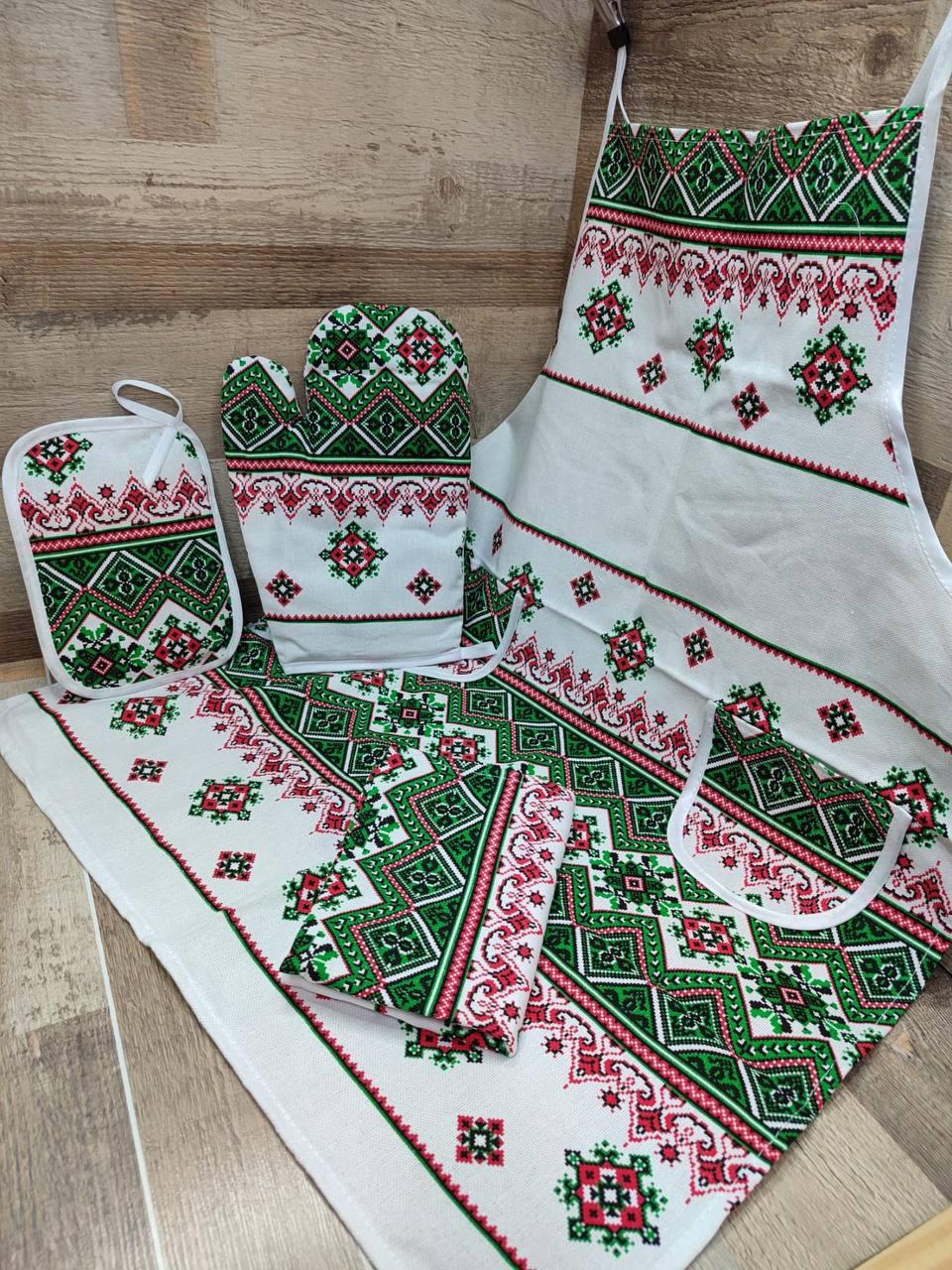 Фартук с перчаткой и прихваткой для кухни 55х73 см Белый с зеленым (П4К-fartuh0013) Фартук с перчаткой и прихваткой для кухни 55х73 см Белый с зеленым (П4К-fartuh0013)