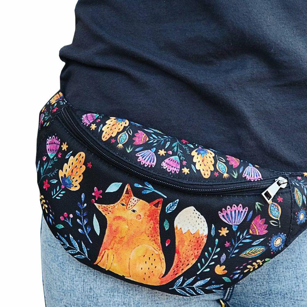 Сумка-бананка через плече та на пояс Presentville Bumbag Лисиця та квіти на чорному фоні 27х16 см (BB_19O001_BL)