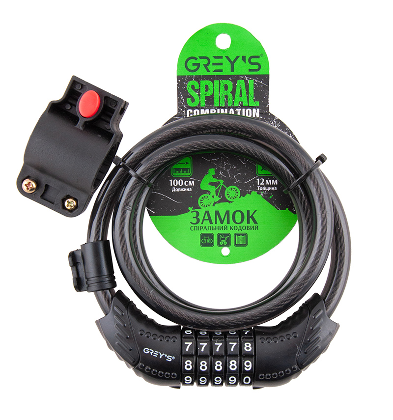Замок велосипедный кодовый стальной трос Grey's GR31210 12x1000 мм крепление (GR31210)