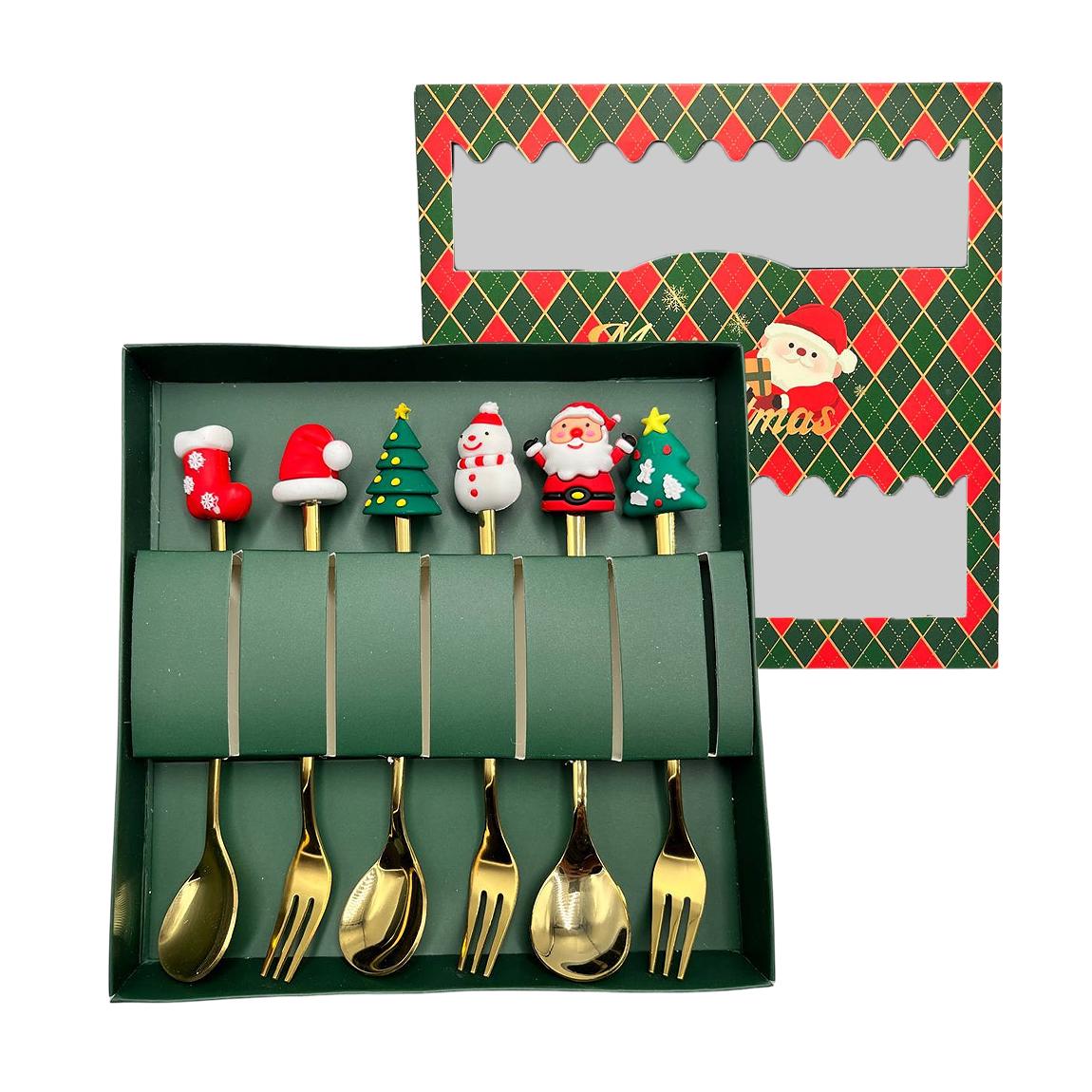 Ложки и вилки новогодние/рождественские стальные в подарочной коробке 6 шт. (NABRIZ-1399)