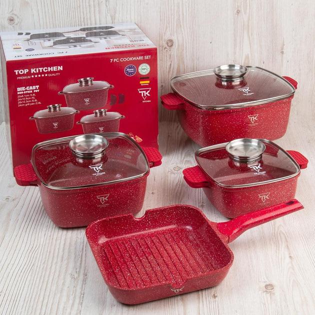 Набір посуду для індукції Top Kitchen TK-000103 з гранітним покриттям 7 предметів Червоний