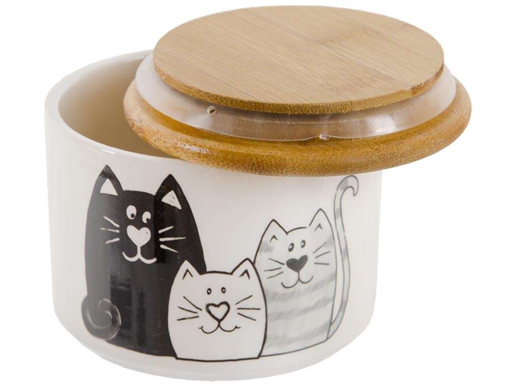 Емкость для сыпучих продуктов Мурчик с бамбуковой крышкой керамическая 10,3х10,3х8 см 430 мл (MSN-6026-19)