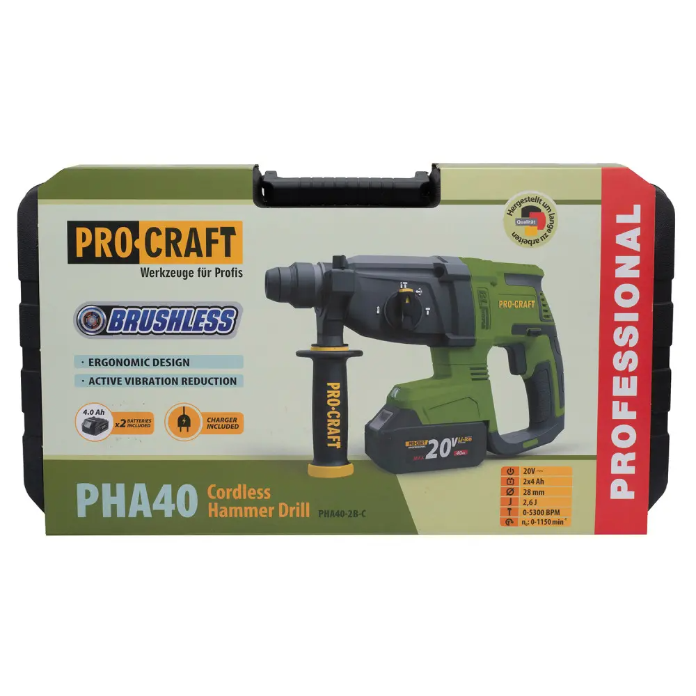 Перфоратор акумуляторний безщітковий ProCraft PHA40 з 2 акумуляторами Li-ion та із зарядним пристроєм з кейсом - фото 13 Перфоратор акумуляторний безщітковий ProCraft PHA40 з 2 акумуляторами Li-ion та із зарядним пристроєм з кейсом - фото 13