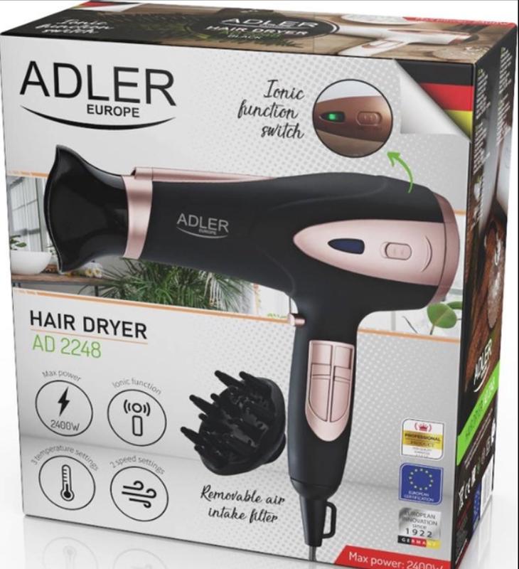 Фен для волос Adler AD-2248 Black 2,4 кВт электрический для укладки и сушки с 2 насадками и ионизацией - фото 10