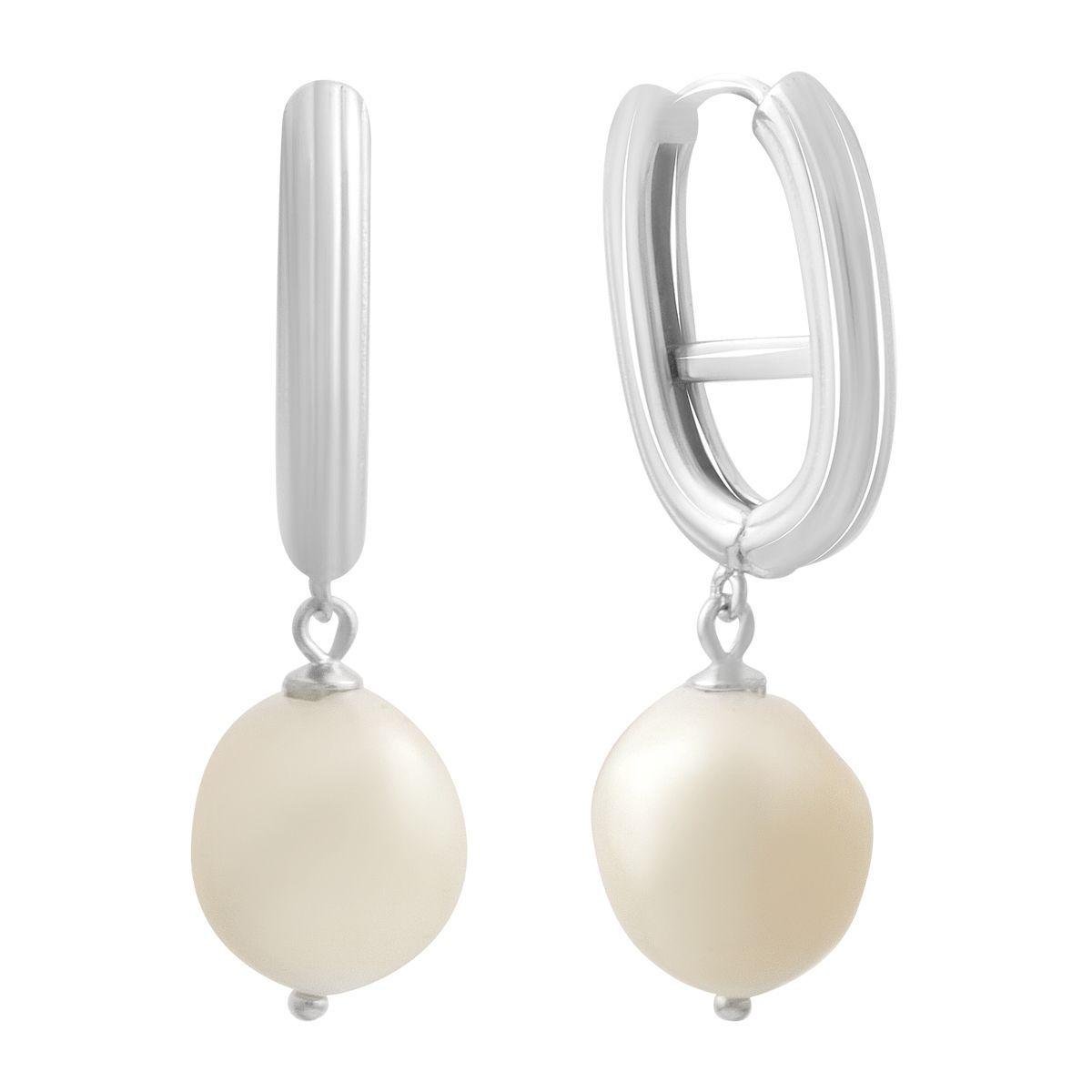 Серебряные серьги-кольца с подвесками из натурального жемчуга