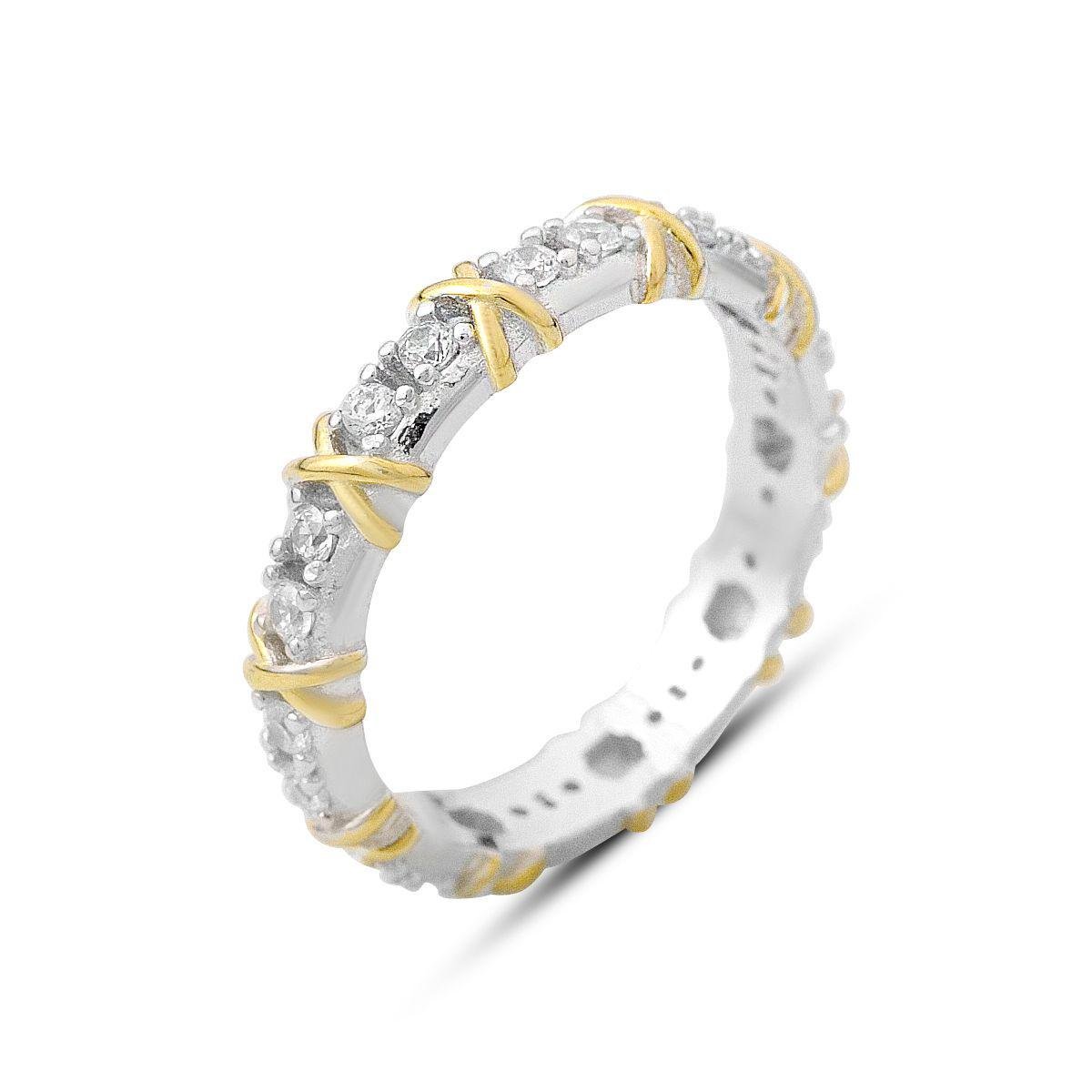 Кольцо серебрянное с фианитами по кругу с декоративными золотистыми вставками р. 18