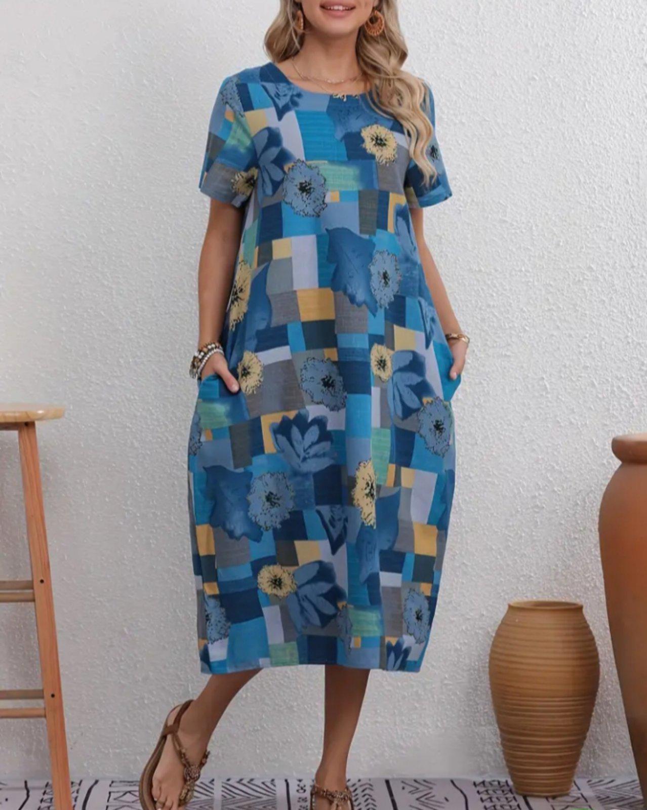 Сукня лляна з короткими рукавами ХХL Блакитно-жовтий (00211)