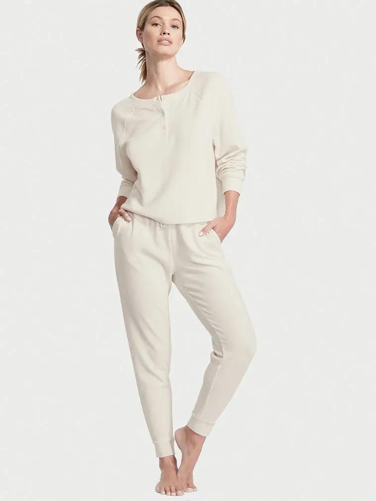 Піжама сорочка/штани бавовна Victoria's Secret Glow Waffle Henley Jogger Set XS Білий (26536710)