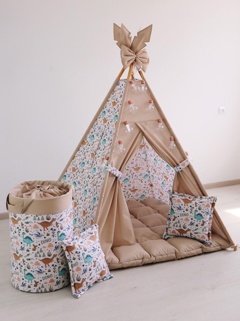 Вігвам дитячий Динозаврики з килимком бон бон подушками з кошиком для білизни