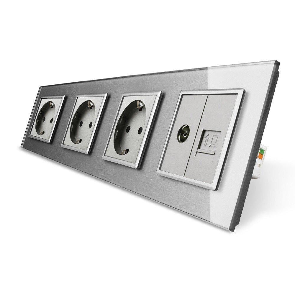 Розетка чотиримісна Livolo комбінована силова інтернет/ТВ скляна Сірий (VL-C7C3EU1C1V-15)
