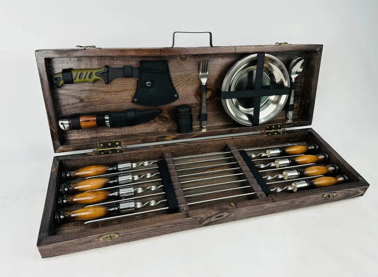 Набір шампурів у кейсі М'ясник середній дерев'яний з нержавіючої сталі (2-10-KS-7604) - фото 6 Набір шампурів у кейсі М'ясник середній дерев'яний з нержавіючої сталі (2-10-KS-7604) - фото 6