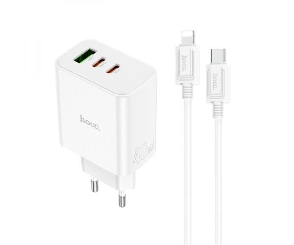 Пристрій мережевий зарядний Hoco C126A Pure USB QC 3,0/Type-C PD 40W Type C to Lightning White Пристрій мережевий зарядний Hoco C126A Pure USB QC 3,0/Type-C PD 40W Type C to Lightning White