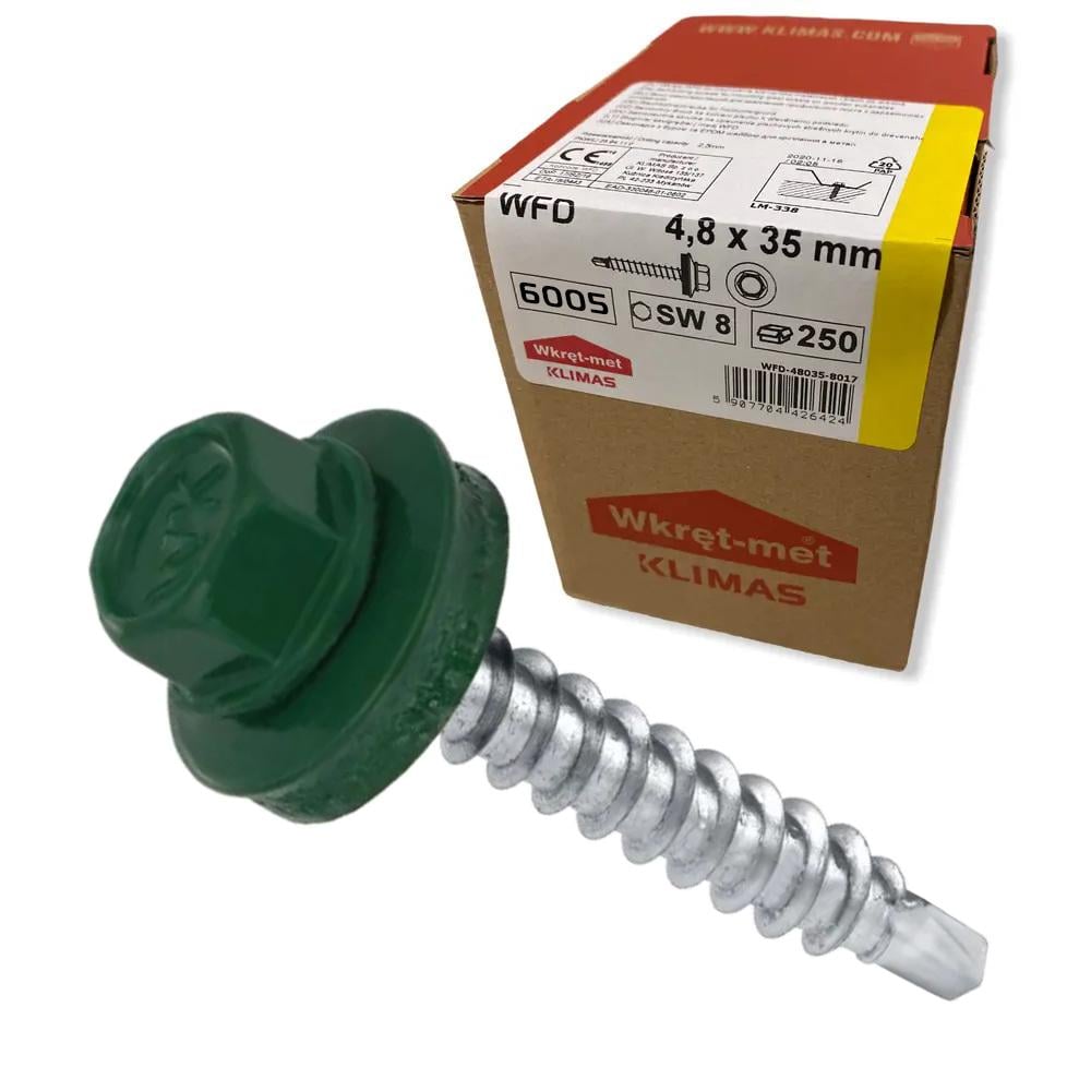 Саморез кровельный по дереву Klimas Wkret-Met RAL 6005 4,8x35 мм 250 шт.
