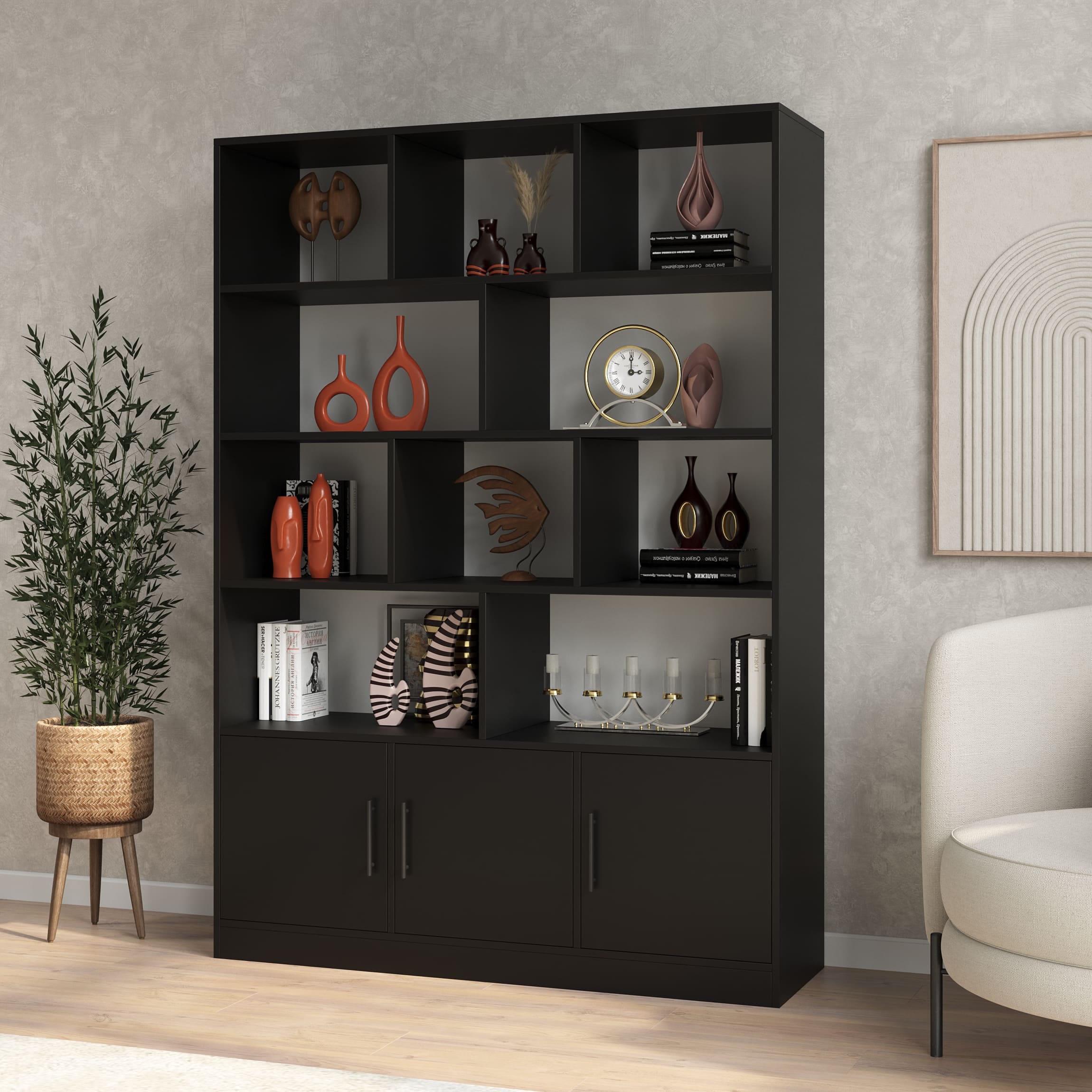 Шкаф-стеллаж на 3 дверки с открытыми полками Черный (380756)