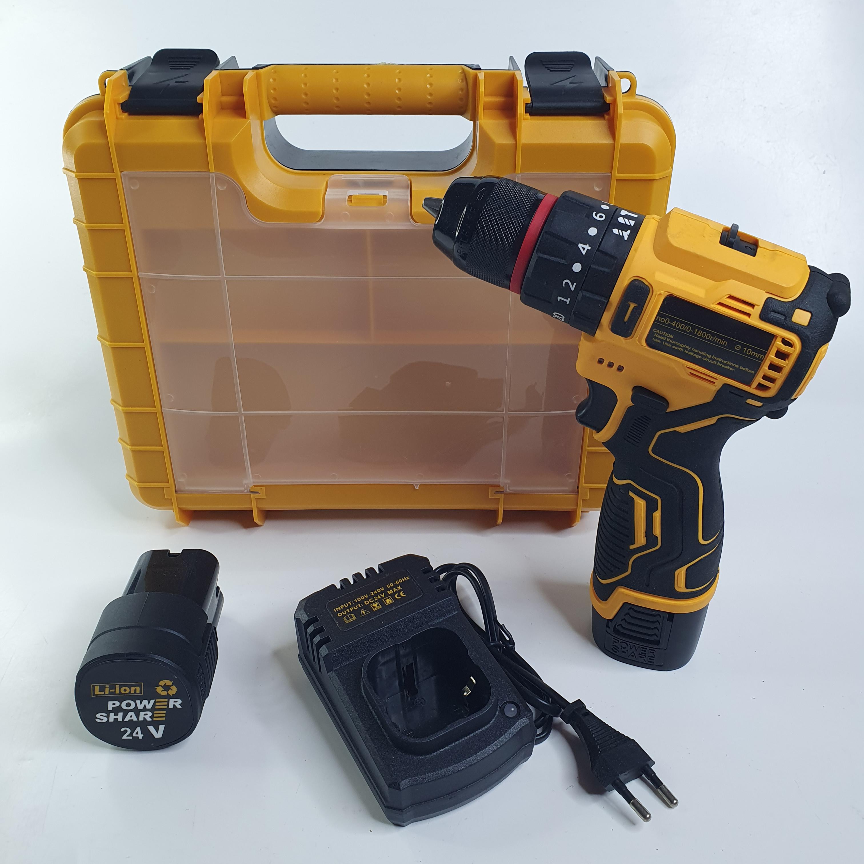 Шуруповерт аккумуляторный с набором инструмента в кейсе 24V ударный Черный/Желтый (NM5546)