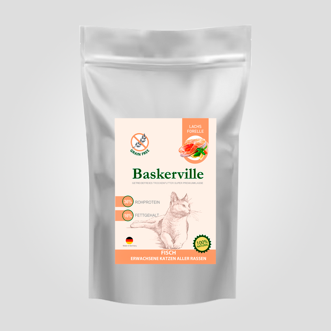 Корм сухой беззерновой для взрослых кошек Baskerville лосось и форель с домашней птицей 1 кг (26002334)