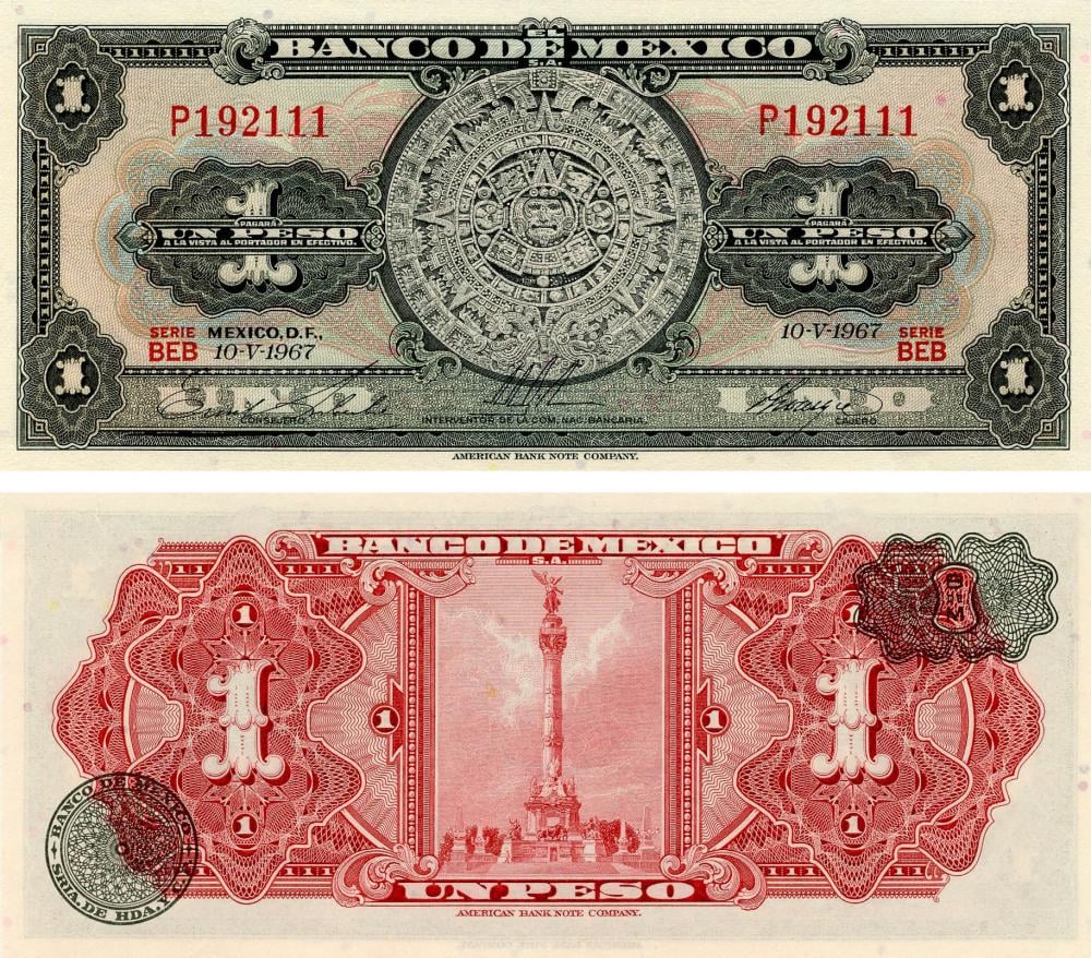 Коллекционная банкнота Мексика 1 песо 1967 UNC P59 (Б13246)