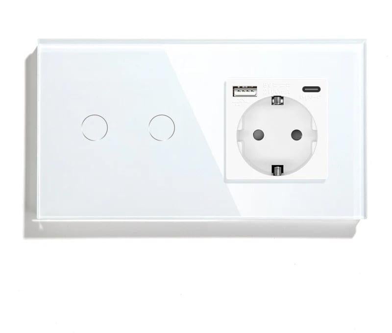 Выключатель умный LUXION сенсорный/двойной/проходной с розеткой USB A+C 20Вт Белый