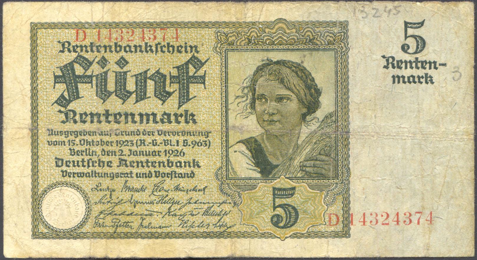 Коллекционная банкнота Германия 1926 5 рентмарок P169 VG Коллекционная банкнота Германия 1926 5 рентмарок P169 VG