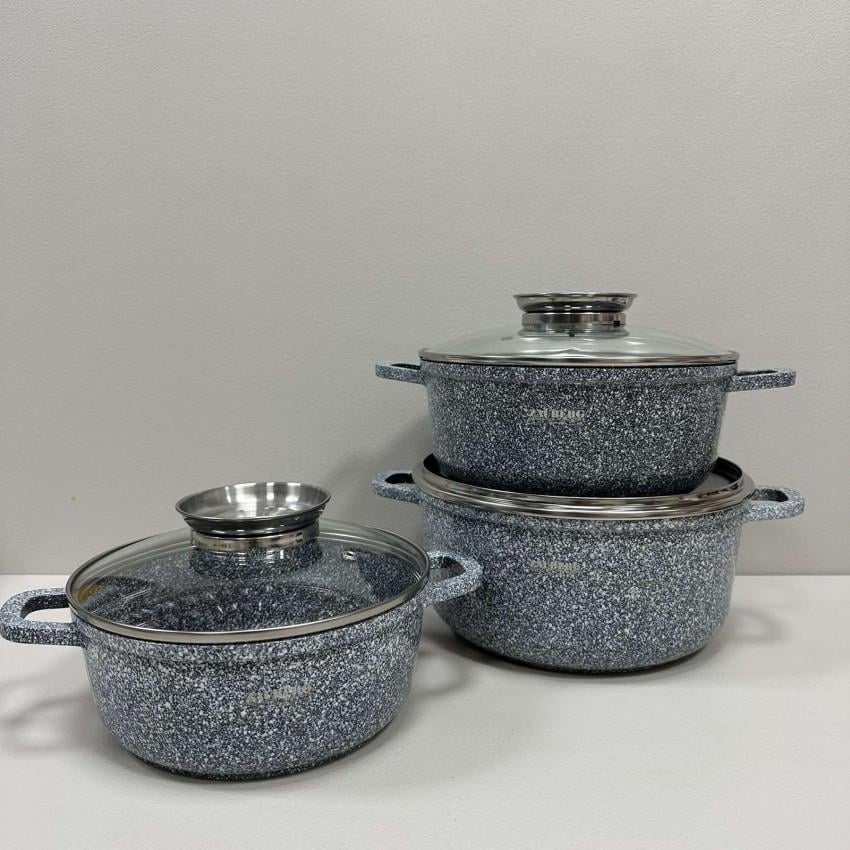 Набір каструль Zauberg алюмінієві з мармуровим покриттям зі скляними кришками 2,3/3,2/4,5 л (2671050472) - фото 3 Набір каструль Zauberg алюмінієві з мармуровим покриттям зі скляними кришками 2,3/3,2/4,5 л (2671050472) - фото 3