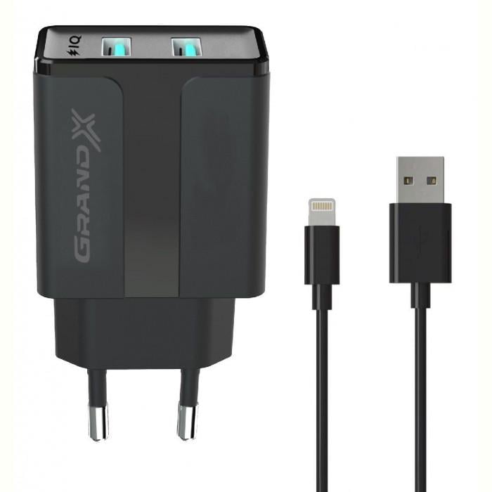 Зарядний пристрій мережний Grand-X з кабелем Lightning 1хUSB 2,4A Black (CH15LTB)