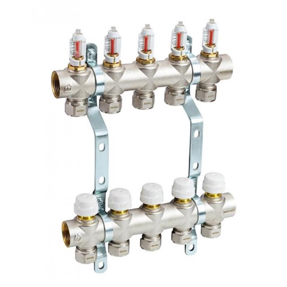 Комплект колекторів MAREK 1"x3/4" з латуні в зборі з витратомірами на 5 виходів (260132587)