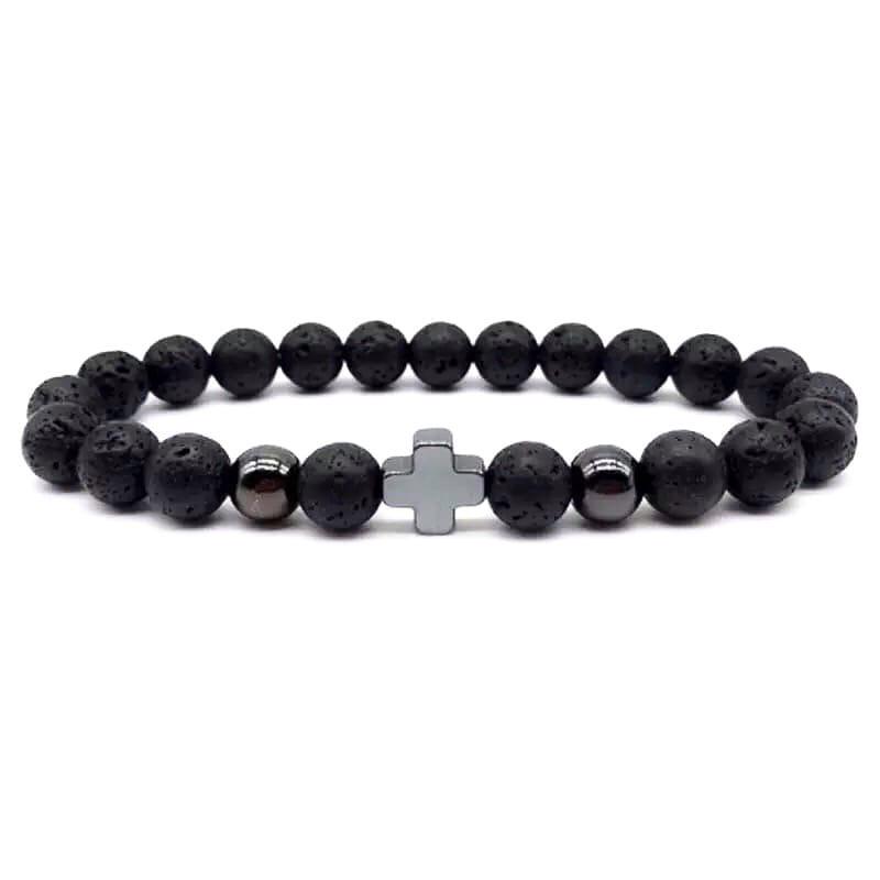 Браслет з лавового каменю та гематиту з хрестиком р. 18 (18008)