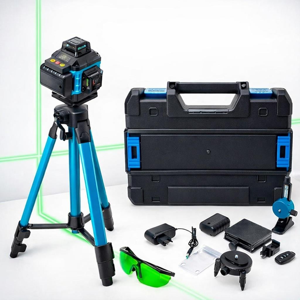 Нівелір лазерний Laser Level 4D 2 акумулятори 16 ліній Зелений промінь зі штативом у кейсі Синій (331849c9)