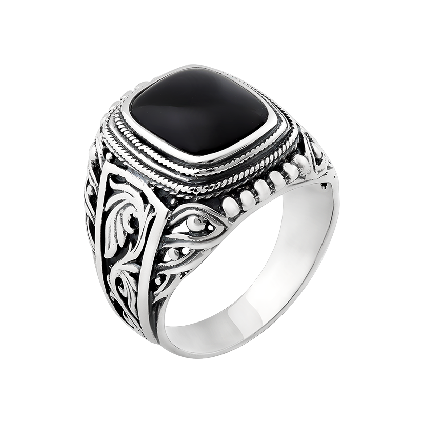 Перстень серебряный мужской с выразительным орнаментом и черным ониксом р. 18