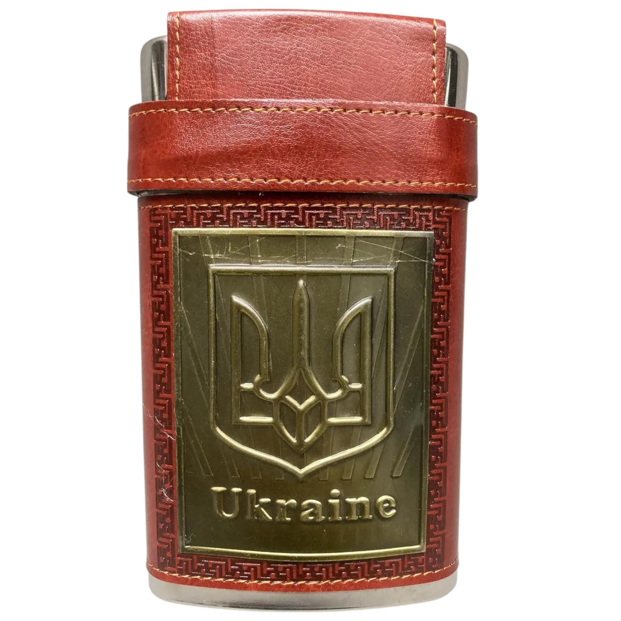 Фляга UKRAINE 9oz 266 мл в коже 3 рюмки 10 мл в крышке Brown (F_BZ-10)