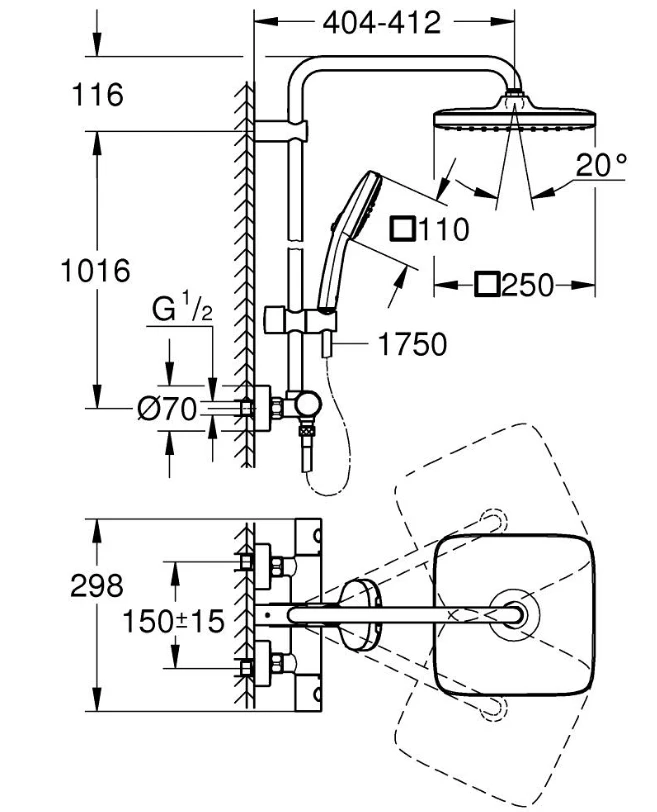 Душова система з термостатом Grohe Tempesta 250 Cube Чорний матовий (266892431) - фото 2 Душова система з термостатом Grohe Tempesta 250 Cube Чорний матовий (266892431) - фото 2