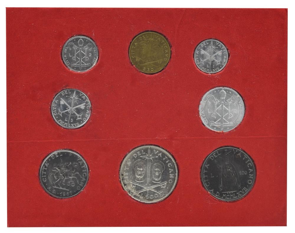 Коллекционные монеты Ватикан 8 шт. 1967 AU-UNC 1/2/5/10/20/50/100/500 серебряных лир (М22387) Коллекционные монеты Ватикан 8 шт. 1967 AU-UNC 1/2/5/10/20/50/100/500 серебряных лир (М22387)