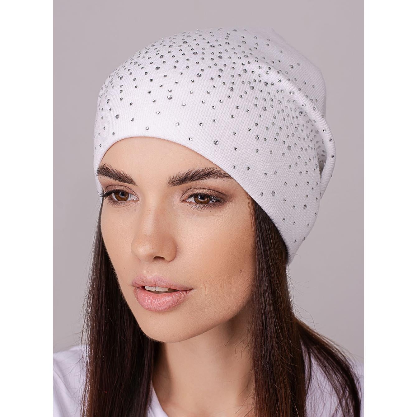 Шапка жіноча Leks ДЕНІМ з додаванням кашеміру ззаду счіплена утеплена флісом та прикрашена стразами one size Білий (205430)
