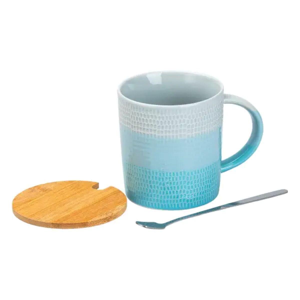 Чашка Lighthouse с бамбуковой крышкой и ложкой керамическая 350 мл Голубой (LG-20141) (113939) - фото 2