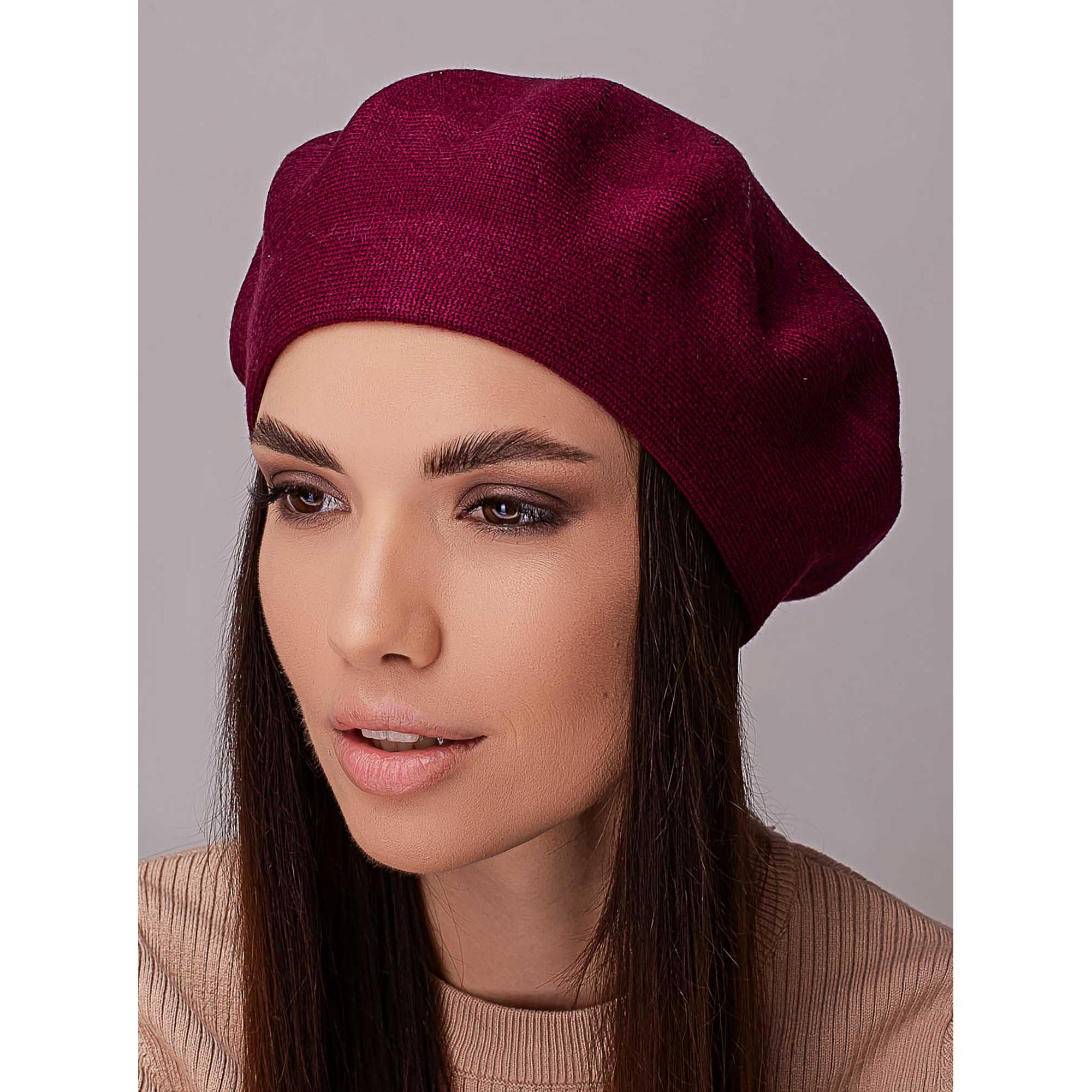 Берет вискозный женский с добавлением шерсти без подкладки украшенный стразами Leks Акация Вишня