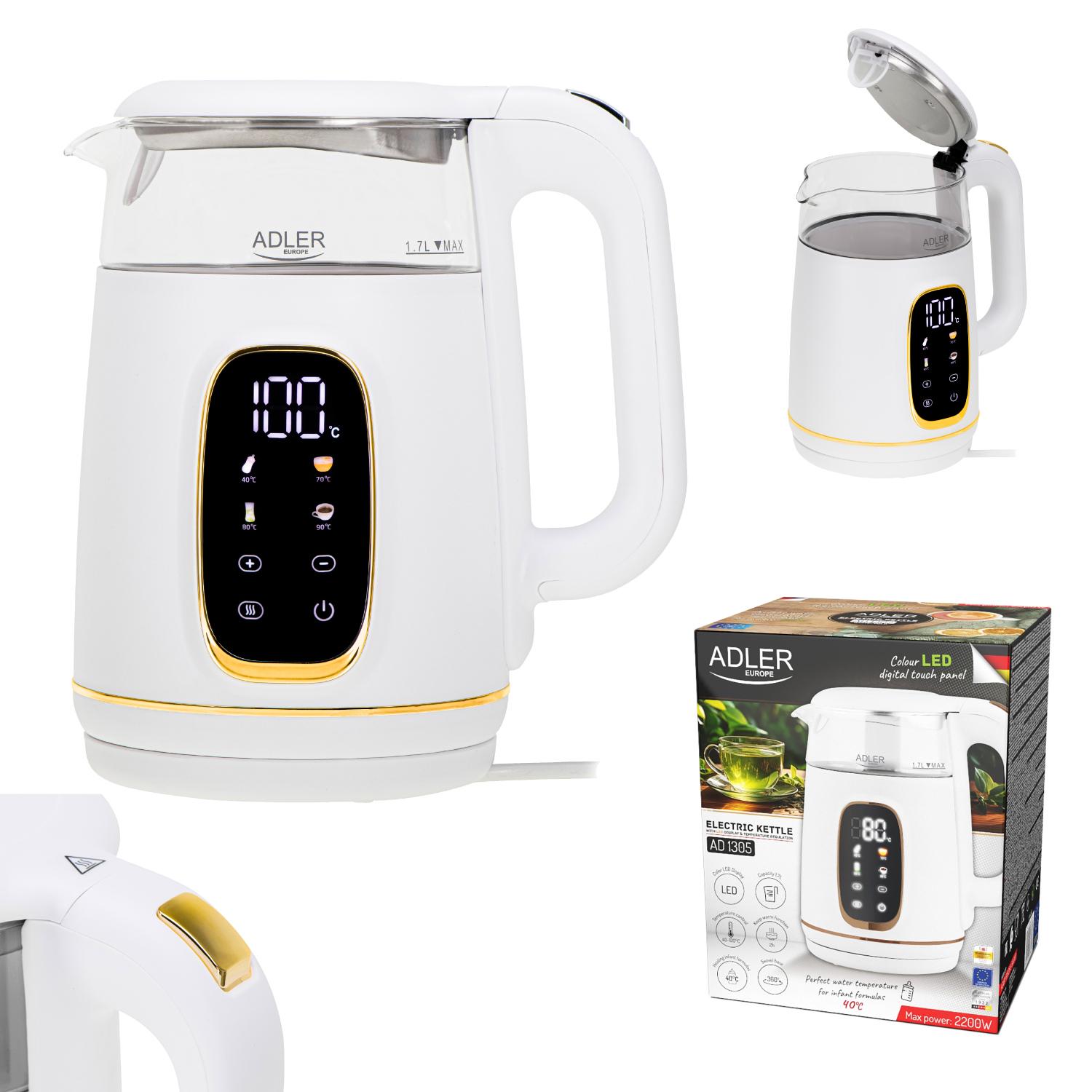 Электрочайник Adler AD 1305 стеклянный с установкой температуры 2200 Вт 1,7 л White/Gold (AD1305WG) - фото 6