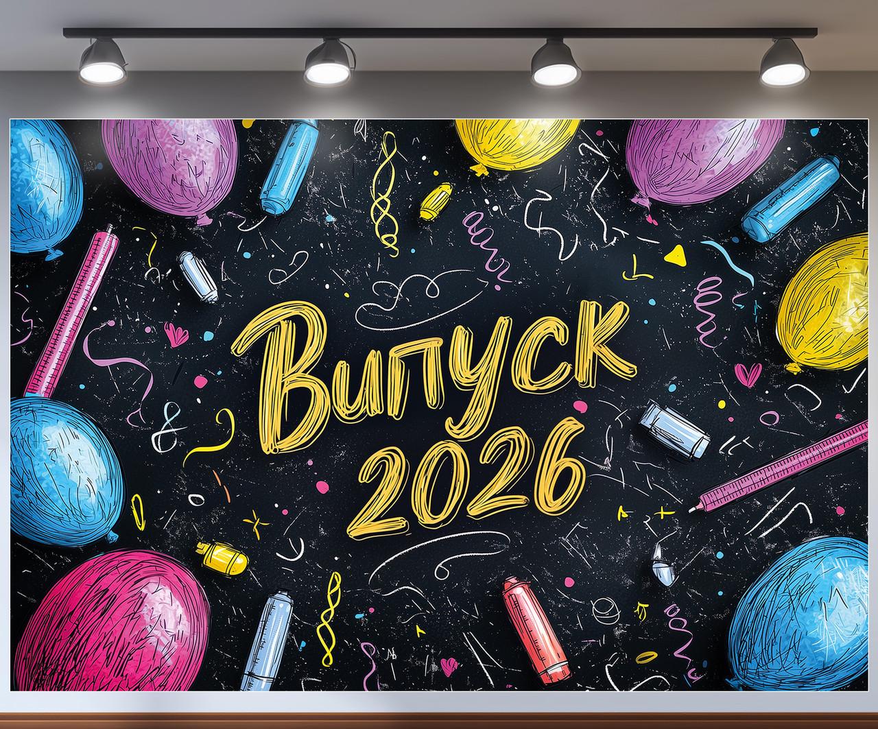 Баннер для фотозоны "Випуск 2026" на выпускной вечер фиолетово-золотые шарики 300x200 см №41304 Баннер для фотозоны "Випуск 2026" на выпускной вечер фиолетово-золотые шарики 300x200 см №41304