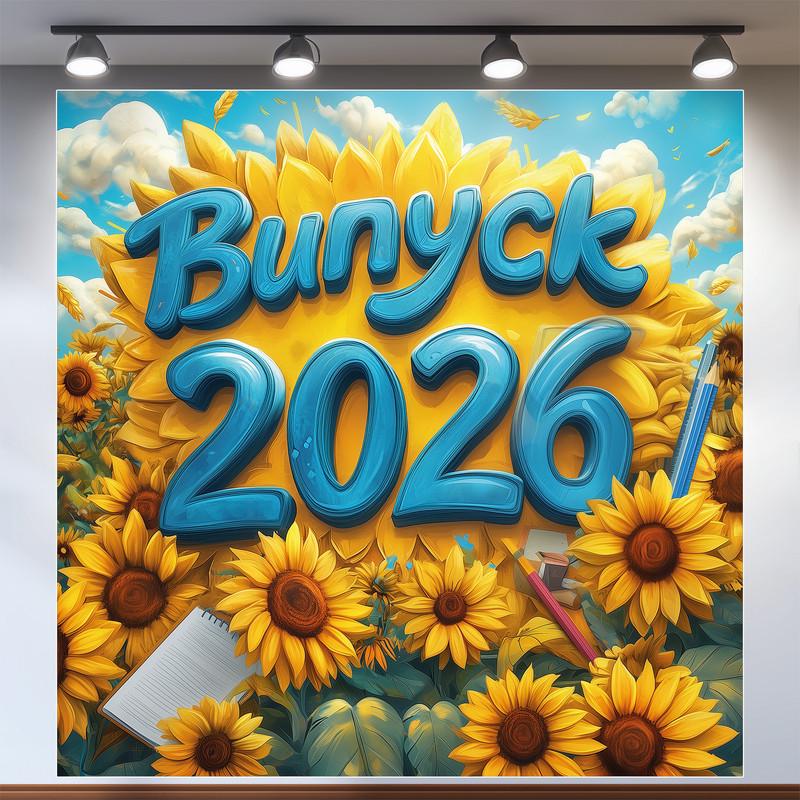 Баннер для фотозоны "Випуск 2026" большой подсолнечник и голубые цифры на фоне па смурного неба 160x160 см №41010