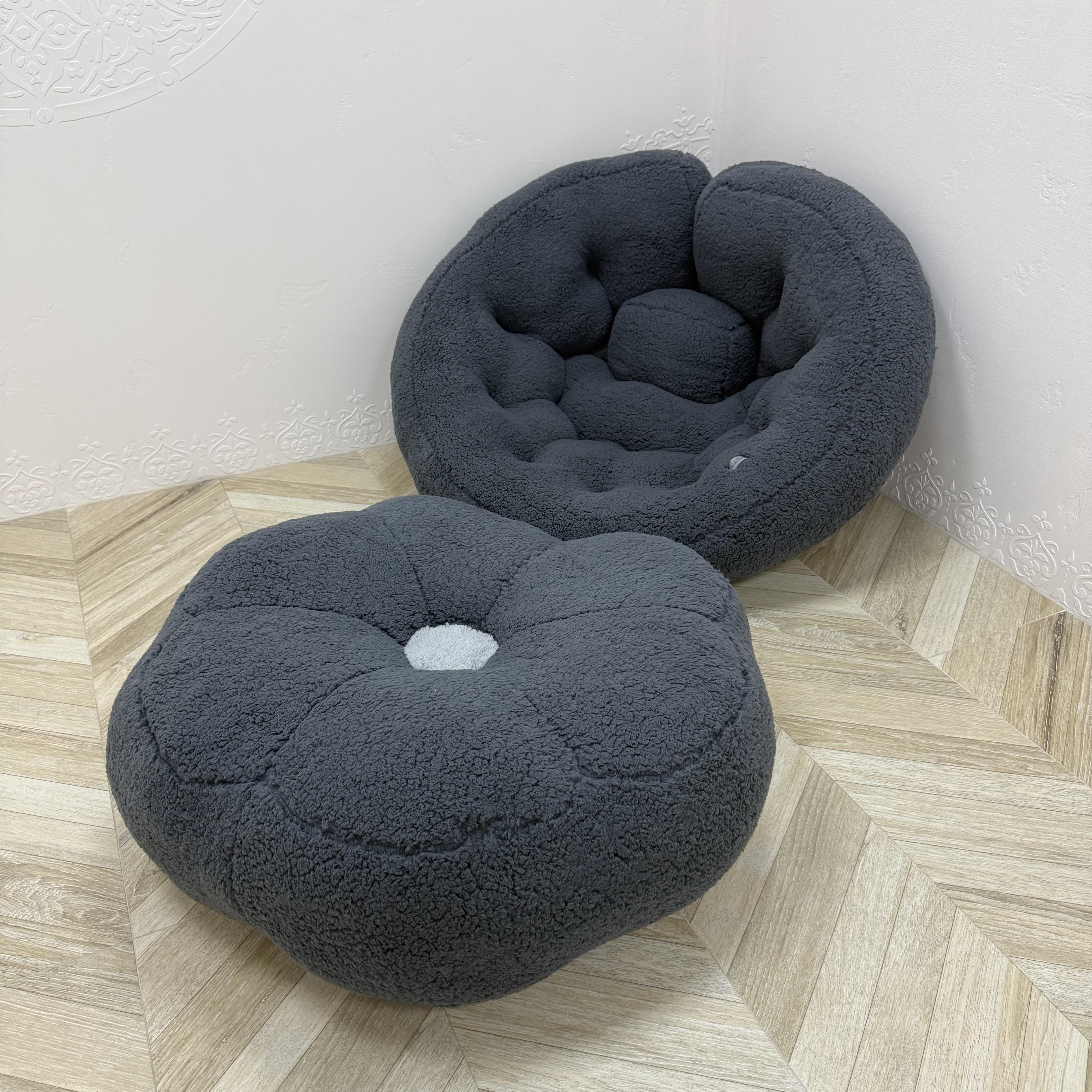 Безкаркасне крісло-матрац трансформер з пуфом Teddy хутряне 160х80/Ø80х20 см