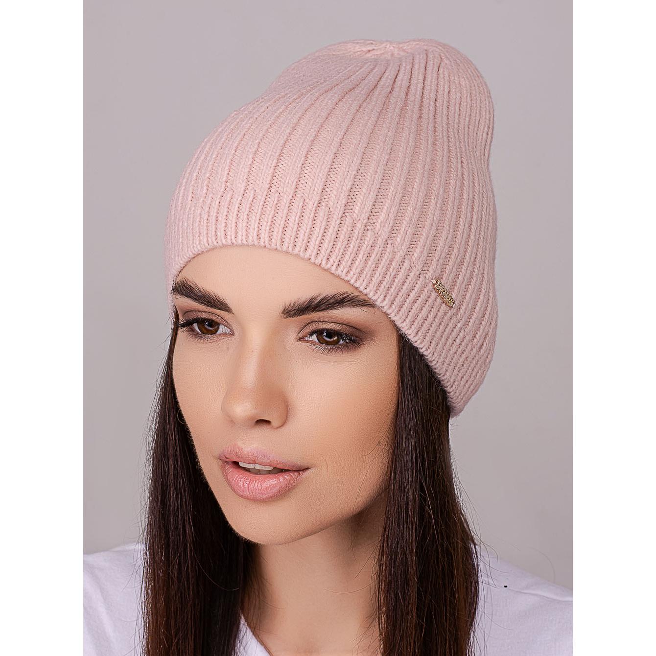 Шапка женская Leks ФЛЕШ удлиненная без отворота одинарная с небольшим вязаным манжетом one size Пудровый (258355) - фото 1