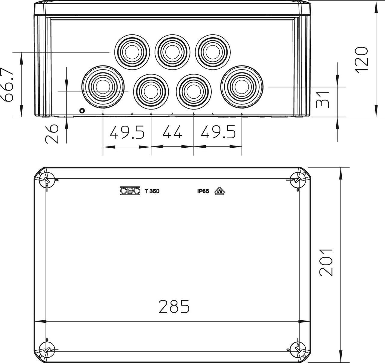 Распределительная коробка OBO bettermann Т350 наружная 24 герметичных вводов IP66 PP 285х201х120 мм (2007125) - фото 2